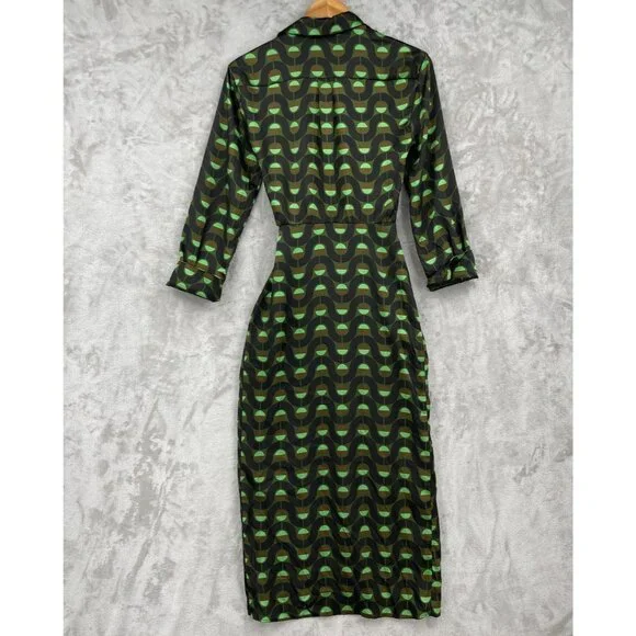 Zara Retro Printed Twill Wrap Shirt Midi Dress Disco Long Sleeve - Picture 6 of 15